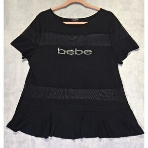 Bebe T-Shirt XL Black Rhinestone Logo Top Short Sleeve Y2K VTG Sheer Cutouts 90s